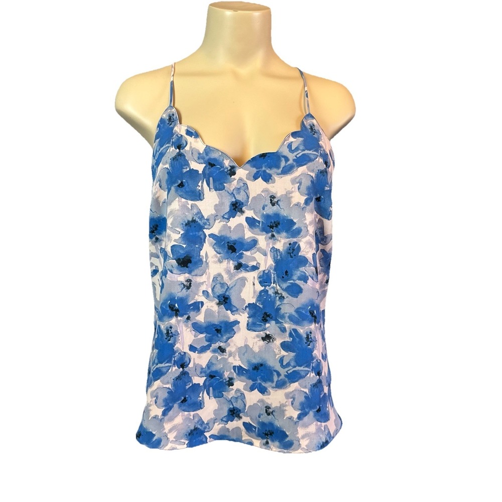 J. Crew Womens Size 4 Blue Abstract Floral Tank Top Scalloped Neck Spring